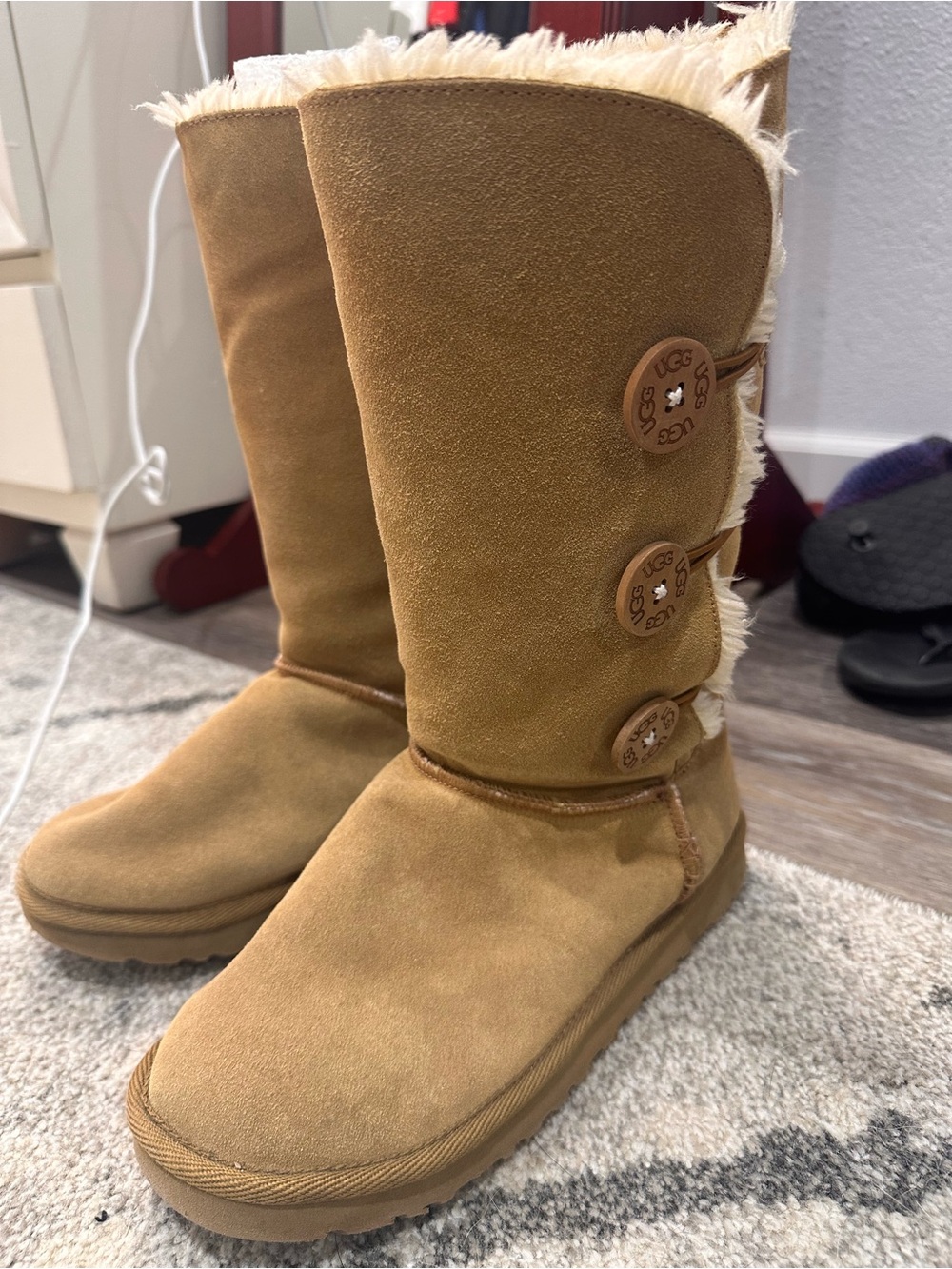 UGG Chestnut Button-Trim Suede Tall Boots with Shearling